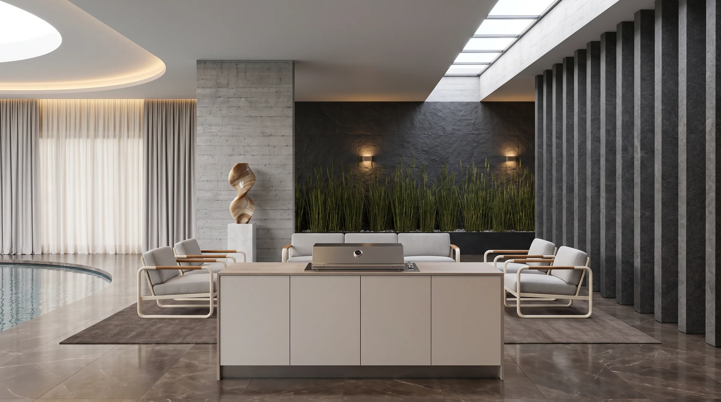 Cuisine d'extérieur Kube avec barbecue intégré, salon au bord de la piscine